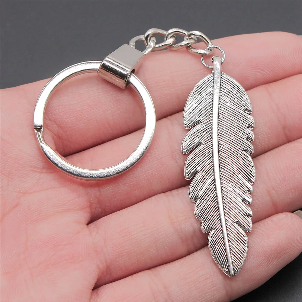 Keychain Dropshipping 2 Colors 56x18mm Big Size Feather Pendant Keychain Vintage Metal Keyring Jewelry For Men