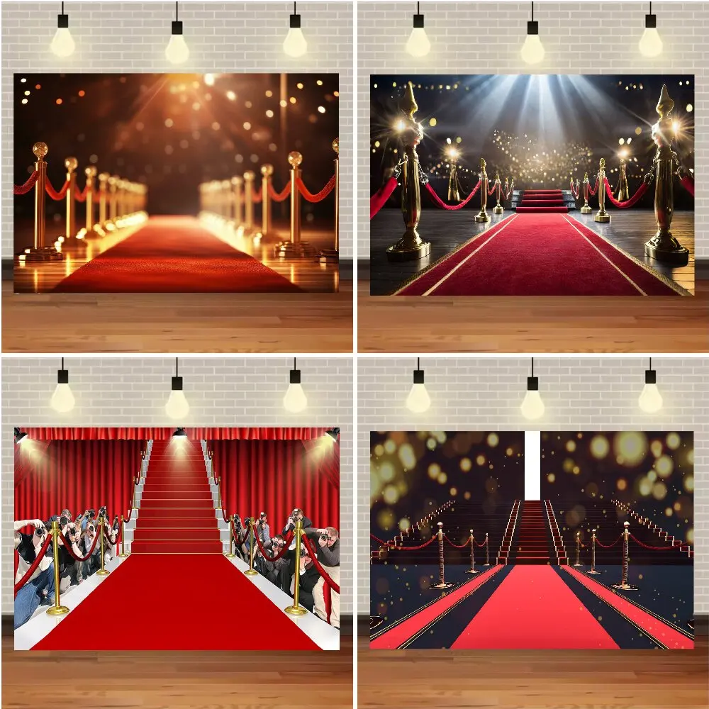 Red Carpet Hollywood Photography Backdrop Movie Premiere Oscar Theme Photo Background Golden Spotlight Stage Event Birthday Deco