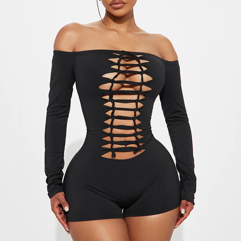 

BKLD Trendy Street Club Style Hottie Irregular Hollowed Out High Waist Slash Neck Backless Long Sleeve Playsuit Elastic Overalls