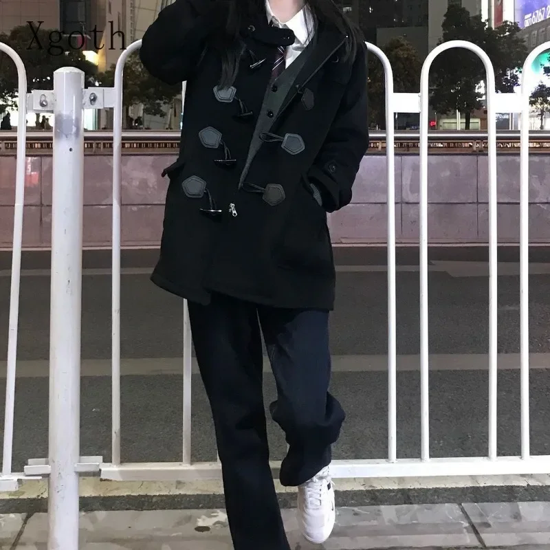 السيدات معاطف الخريف/الشتاء جديد سميكة الدافئة الصلبة مقنعين صف واحد البقرة القرن زر أكاديمية نمط معطف الصوف الملابس النسائية