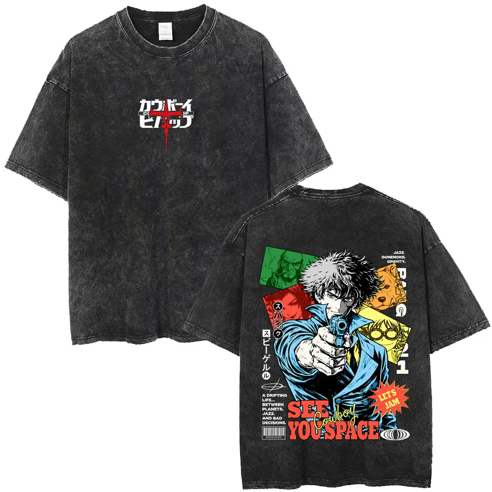 Japanese Anime Cowboy Bebop Vintage Washed T-shirt Spike Spiegel See You Space Cowboy T-shirts Men Women Manga Oversized T Shirt