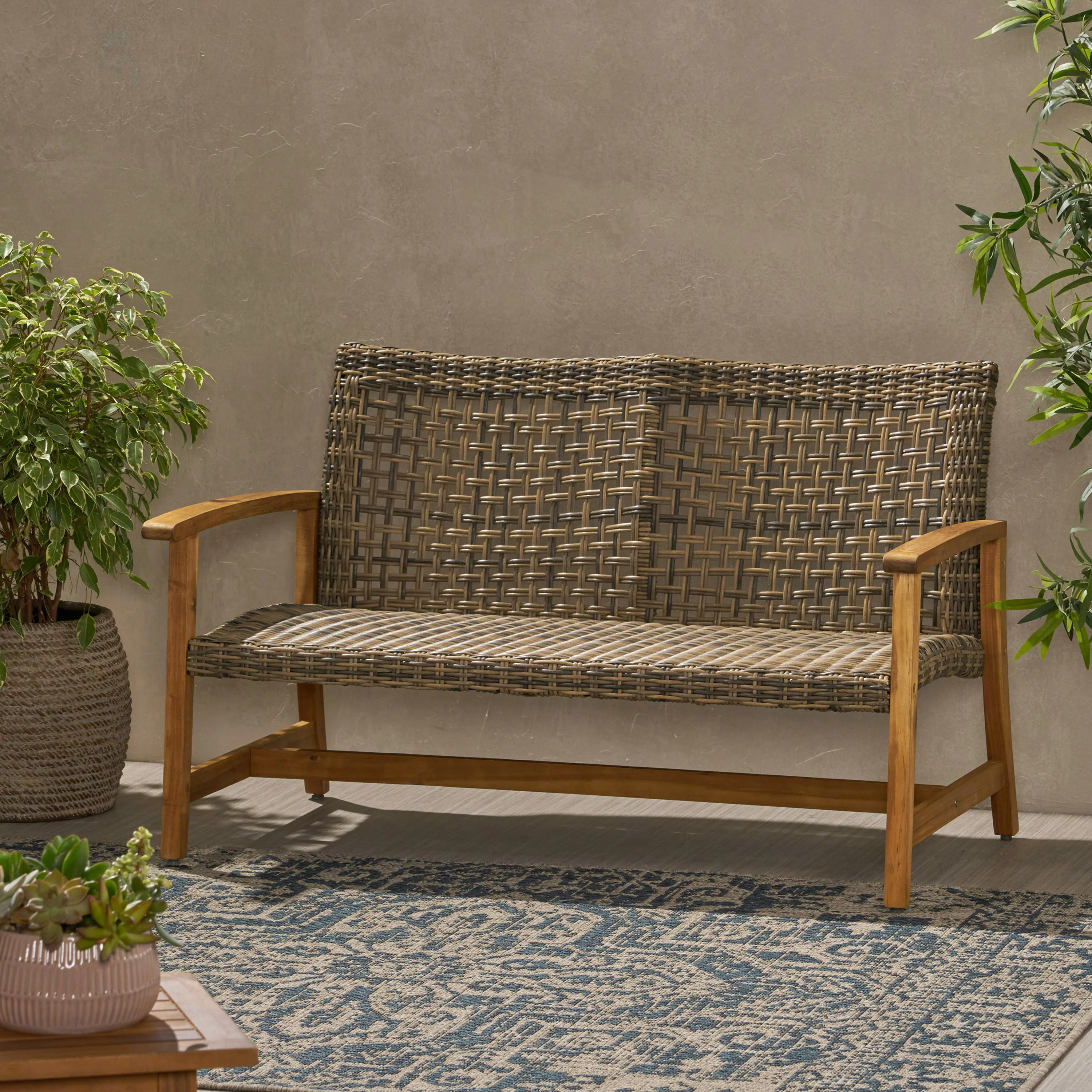 Acacia Wood Wicker Modern Outdoor Patio Bench