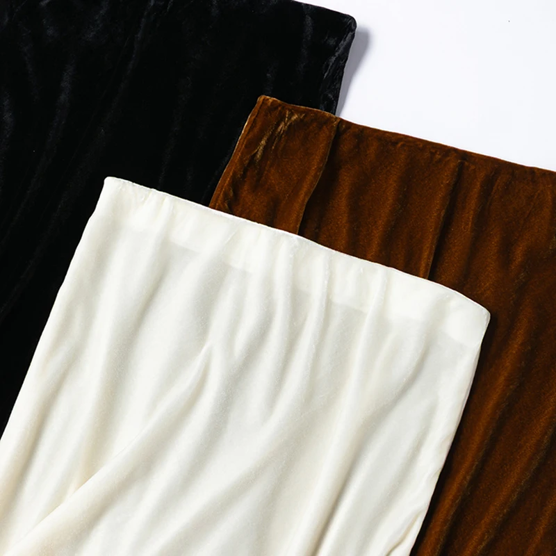 100% 桑シルク裏地女性ベルベットシルクミディスカートフィッシュテールスタイルソリッドカラースリットヘムラインシックなスカートオフィスレディ M1446