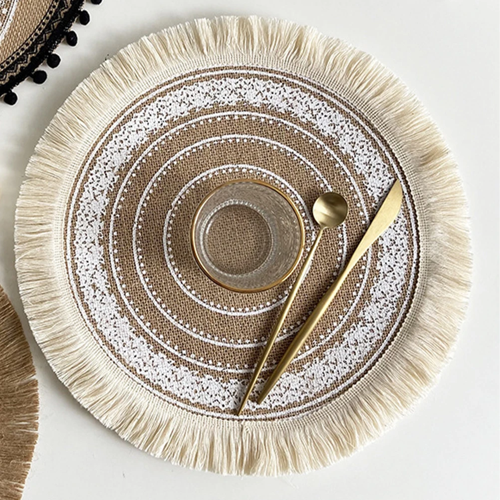 

Vintage Restaurant Decor Insulation Mats Heat Resistant Round Place Mats Table Cotton Tassel Edge Nonslip Protective Placemat
