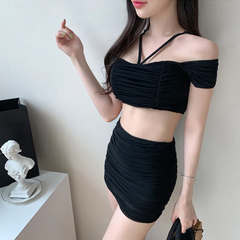 Sexy Black Bikini 2025 Women's Swimwear High Waist Mini Skirt Swimsuit Off Shoulder Bathing Suits Girls Bikinis Beach Wear Pool