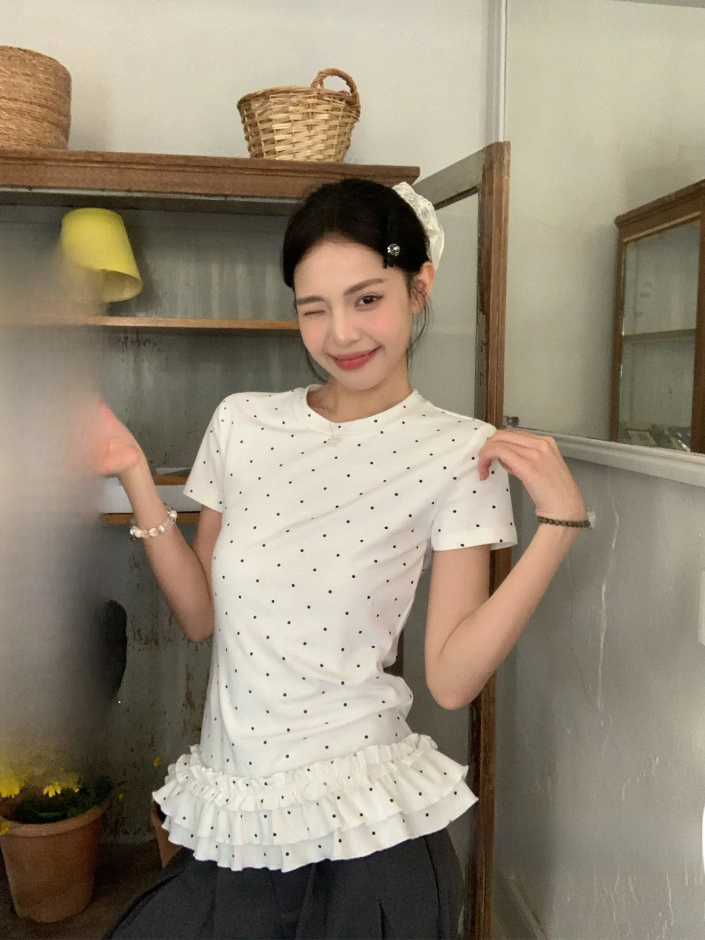 

Song Zhengen White Polka Dot Short Sleeve T-Shirt Women's Summer Korean Style Slimming Beautiful Unique Top Commute Style