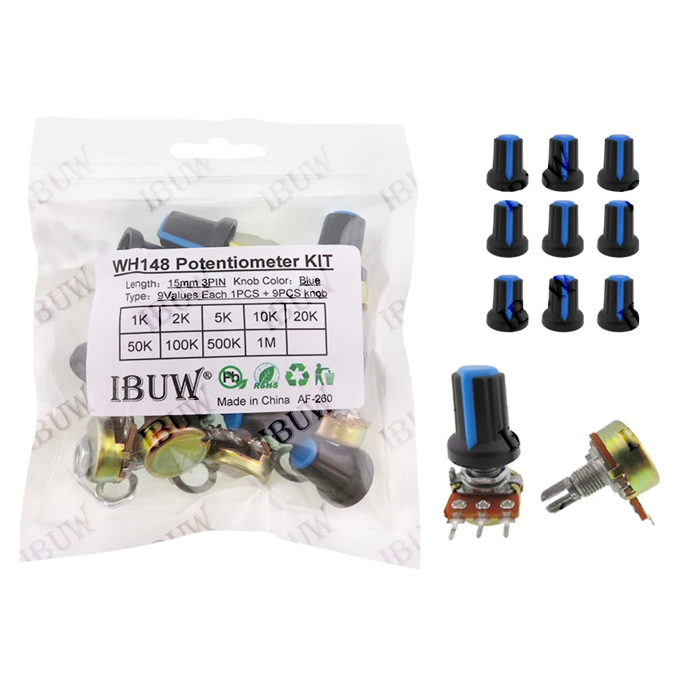 18PCS (9Values + 9Knobs) WH148 Potentiometer Kit (1K-1MΩ 15mm 3PIN) with Blue Knobs DIY Circuit Adjustment & for Audio Equipment