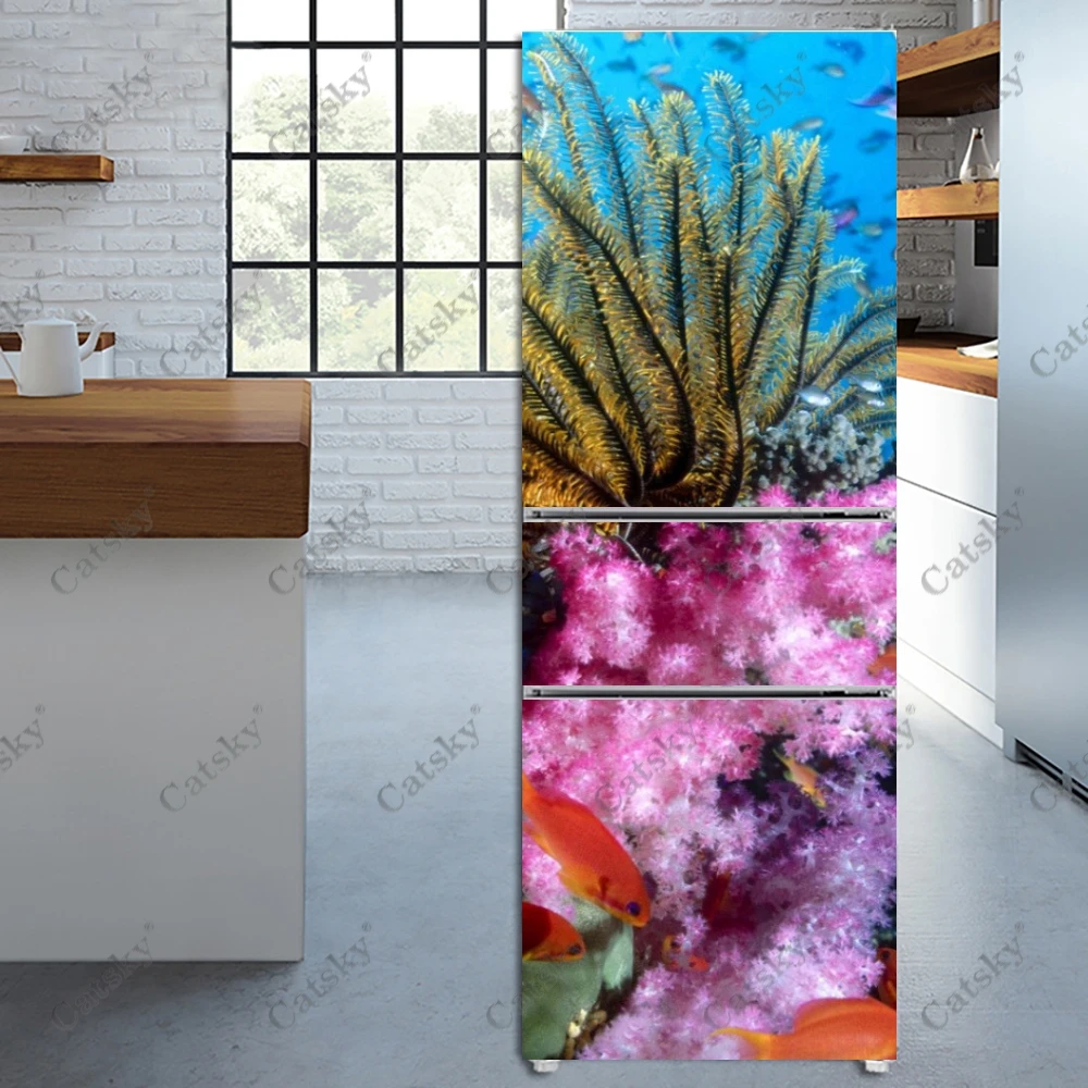 Funny Ocean Animal World Fridge Door Cover Wall Sticker Self-adhesive Flower Refrigerator Stickers Wallpaper Home Decoration