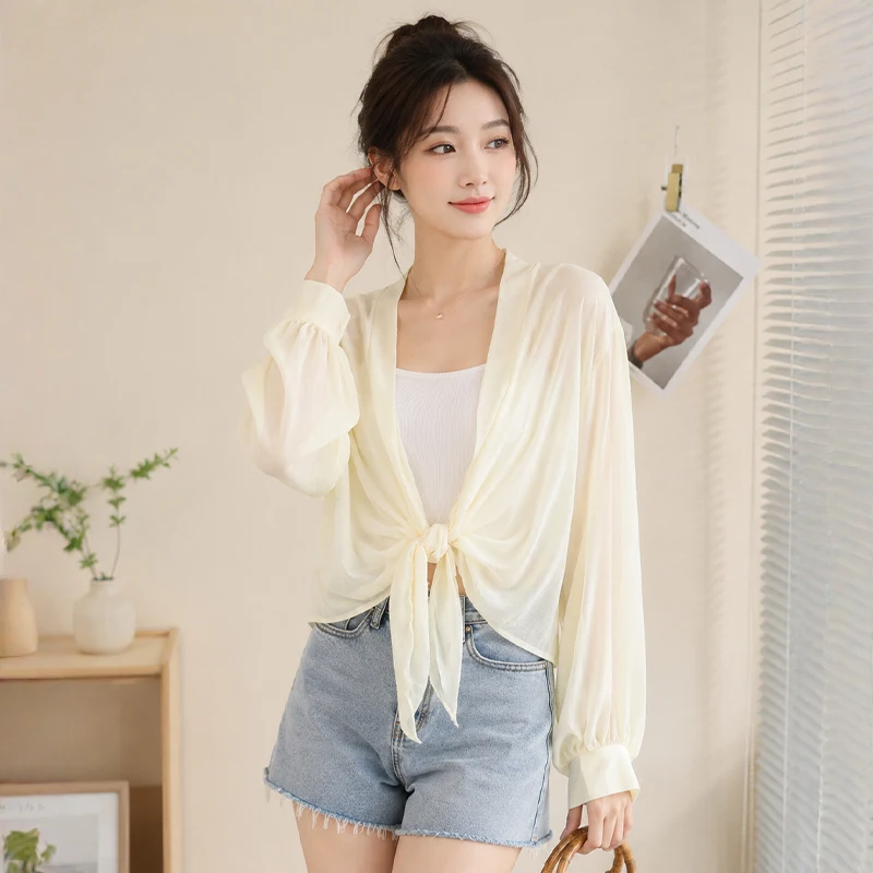 Multi Pattern Chiffon Sunscreen Shawl Tie Knot Front Long Sleeve Lightweight Sun Protection Beach Cover Up Top