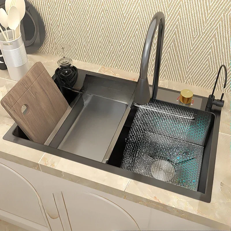 Waterfall Sink Stainless Steel Kitchen Sink Embossed Large Single Slo tMultifunction Wash Basin Support Wholesale