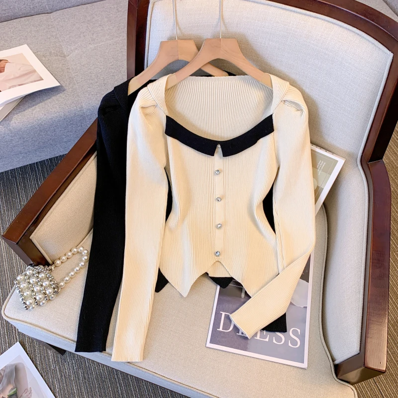 

French Style Sweater Women Patchwork Square Collar Puff Long Sleeve Knitted Crop Tops Stretch Irregular Elegant Pullover