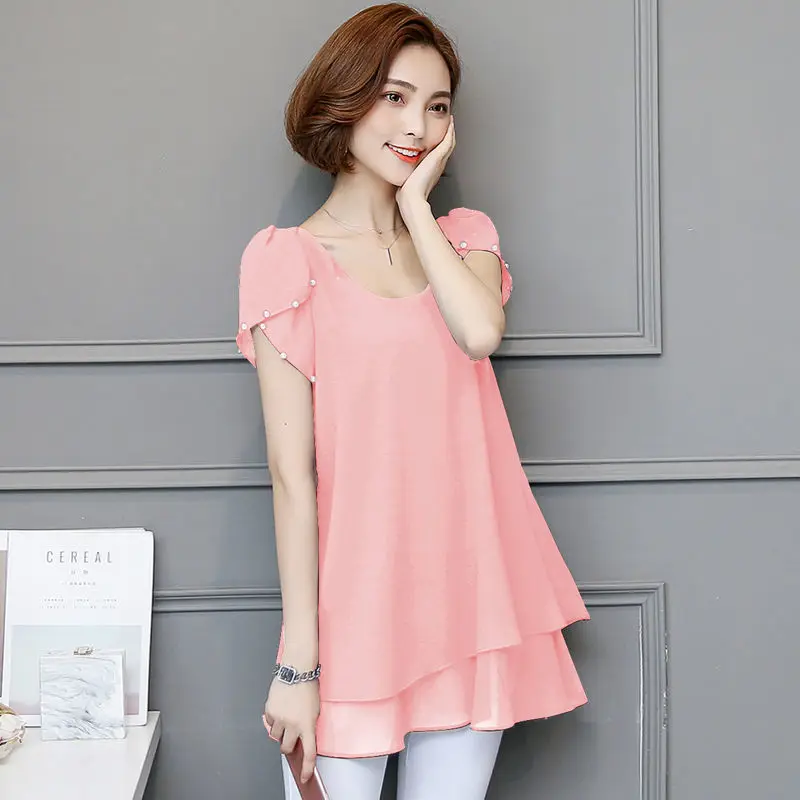 

Women Casual Chiffon Blouse Tops Female 2024 Summer Solid Color Short Sleeve O-Neck Elegant pearls Irregular Tees Shirts M166