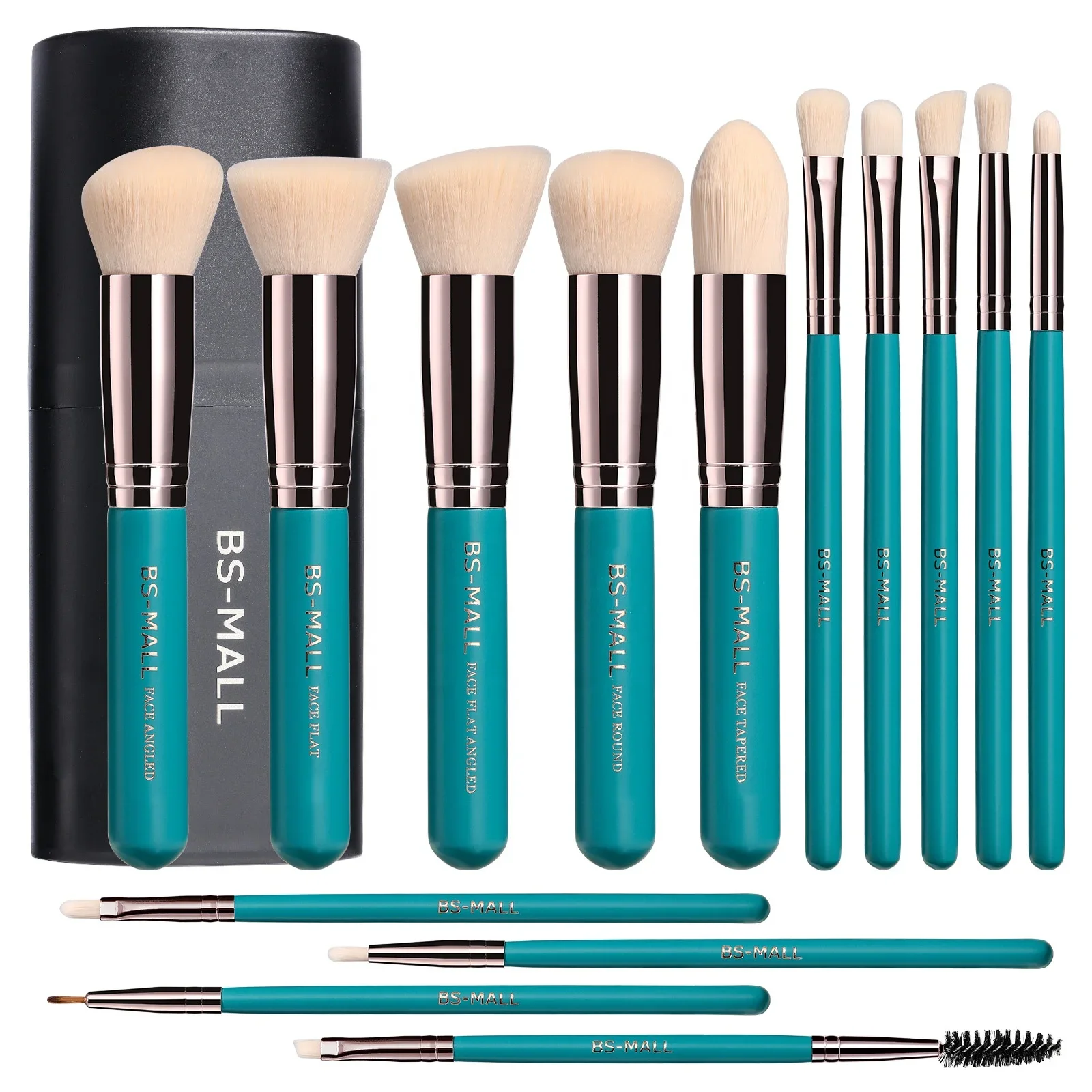 

# Hot Sales BS-MALL Green 14PCS Make Up Brushes High Quality Professional Synthetic Makeup Brush Set Custom Logo