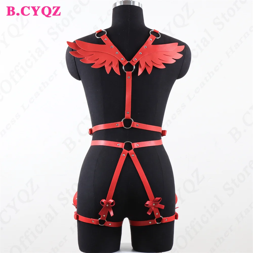 

Set Sexy Angel Wings Harness Women PU Leather Garter Belt Goth Suspender Body Bondage Waist Thigh Strap Sexy Lingerie Cage