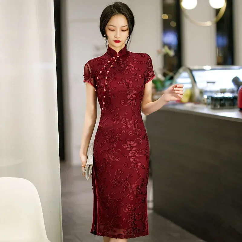 Burgundy Lace Female Qipao Traditional Chinese Dress Vintgae Classic Mandarin Collar Cheongsam Sexy Slim Split Vestidos 3XL 4XL