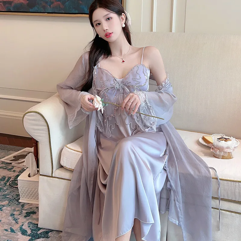 Fairy Princess Style Robe Set Elegant Nightgown Spaghetti Strap Female Stain Sleepwear Mesh Kimono Bathrobe Butterfly Nightdress