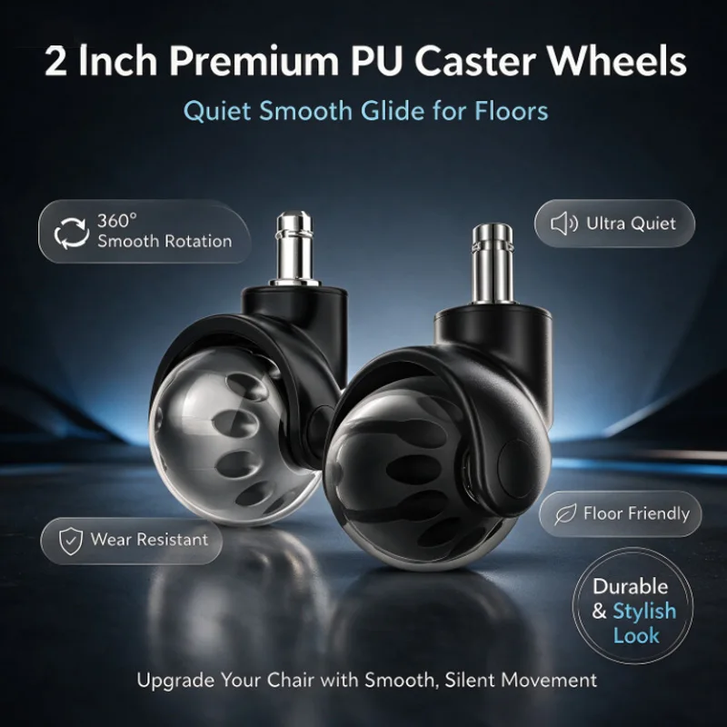 5PCS 2-Inch Casters with 11x22mm Snap Rings & Bearings PU Swivel Wheels Transparent Office Chair Rollers Quiet Smooth