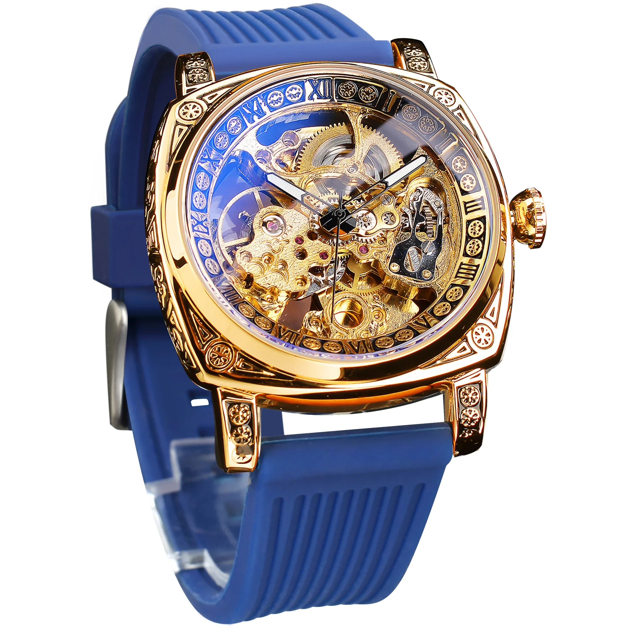 

Forsining Ретро Carving Man Автоматические Механические Часы Роскошные Водонепроницаемые Модные Синие Силиконовые Ремешки Спортивные Наручные Часы Reloj Homb