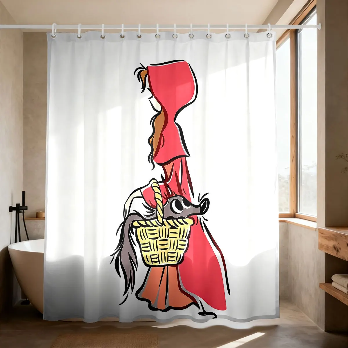 Hand Drawn Sketch Red Hood Girl Wolf Basket Pattern Bath curtain Cozy Plush Bedspread Portable  for Bedroom
