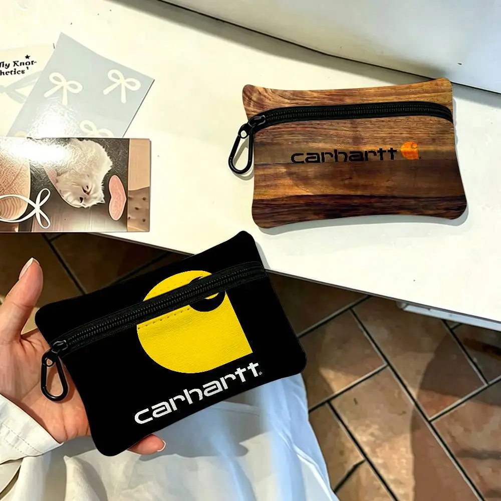 Brand C-Carhartt White Oxford Cloth Zipper Coin Purse Lightweight Hanging Key Pouch Card Holder For Daily Use