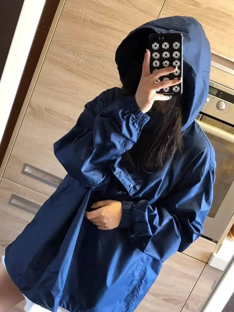 2025 Autumn Spring New Women's Hooded Windbreaker Jacket Black Loose Casual Style Stylish Utility Outerwear