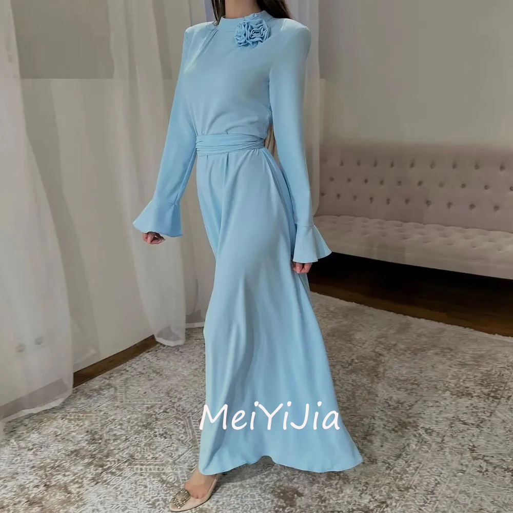 

MeiYiJia High-Neck Simple Flower Sash Crepe Ankle-Length A-Line Saudi Arabia Sexy Evening Birthday Club Outfits Summer 2024