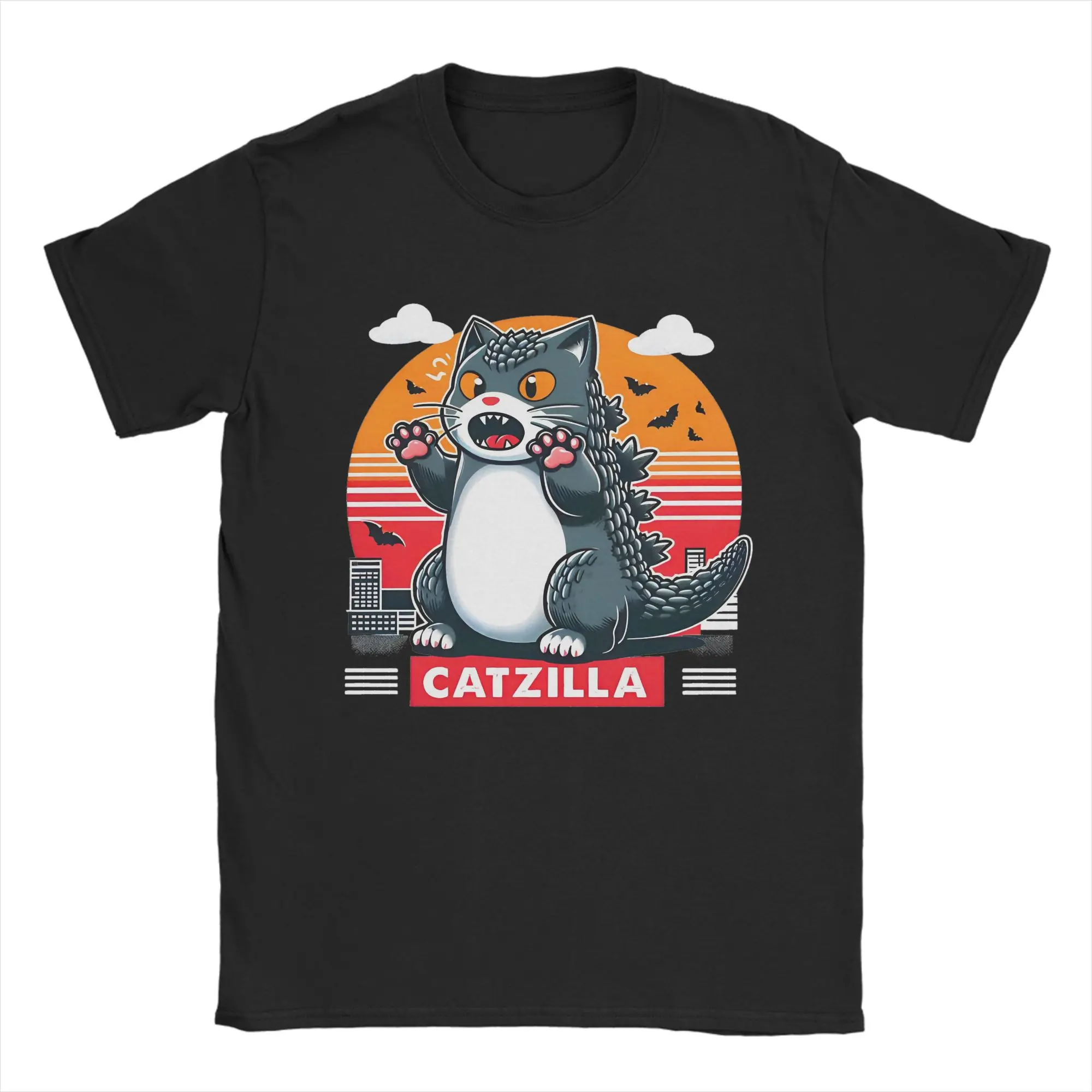 Men Women Catzilla cute T Shirt Kawaii Cat Catzilla Kitty Cat Lover Pure Cotton Tops Novelty Short Sleeve O Neck Tee Shirt