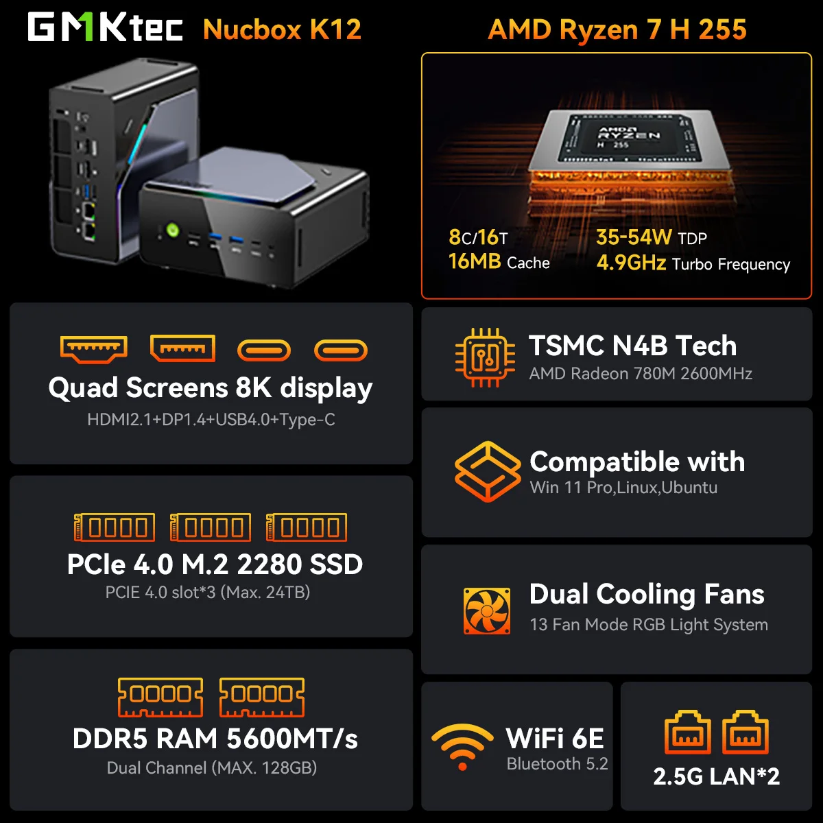كمبيوتر صغير GMKtec K12 AMD Ryzen7 H 255 (محدث 8745HS) Oculink DDR5 بدون ذاكرة وصول عشوائي بدون قراءة فقط نافذة كمبيوتر مكتبي 11 Pro كمبيوتر ألعاب WIFI6E