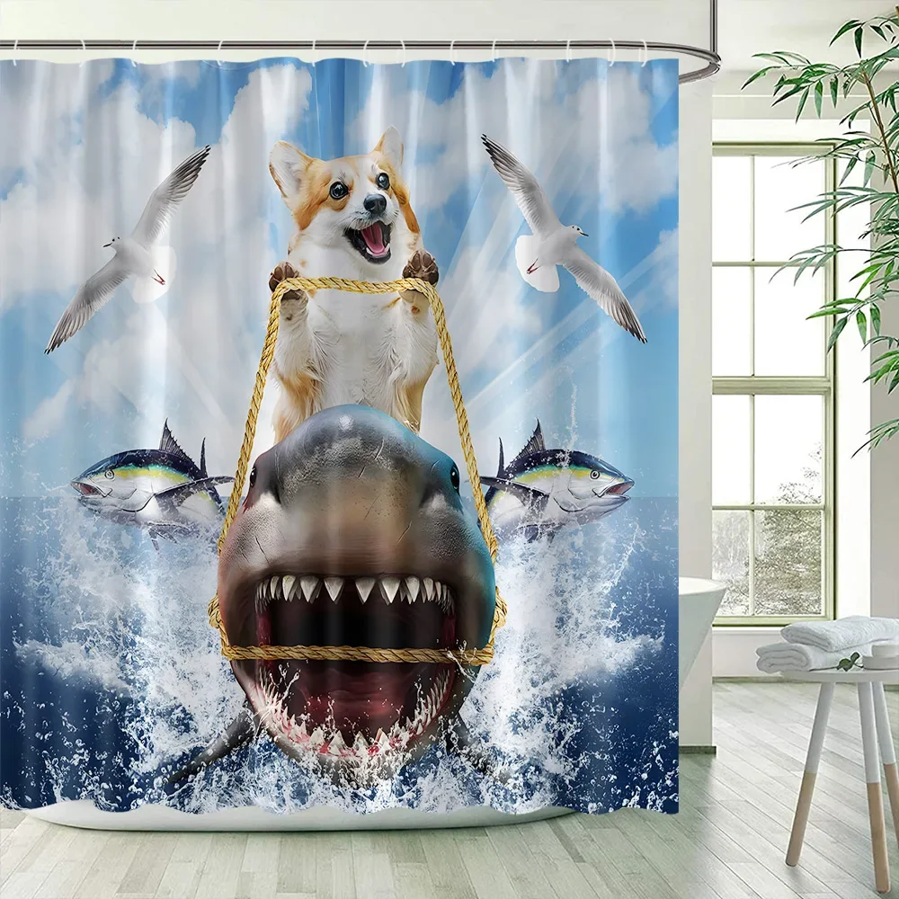 Funny Shower Curtains Cat Riding Shark Ocean Birds Sea Waves Cool Fun Bath Curtain Polyester Fabric Kids Bathroom Decor Sets