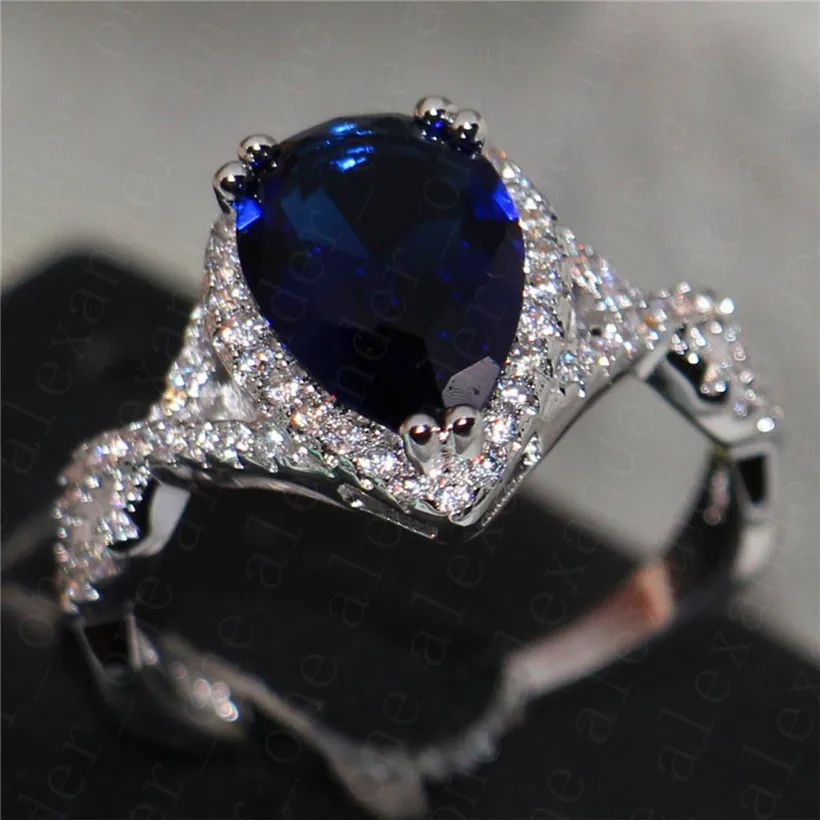 Luxury Drop 4ct Blue Sapphire Engagement Rings finger 10KT White Gold Filled Wedding Rings for Women Jewelry gift