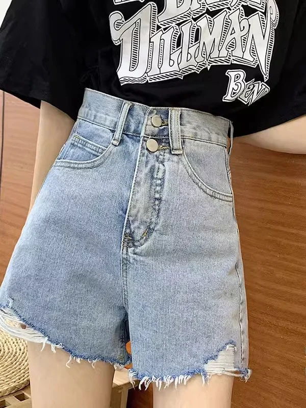 

High Waist Denim Shorts Women's Summer New Large Size Loose Wide Leg A-Line Hole Hot Pants Flared Hem Tear Detail Commute Style