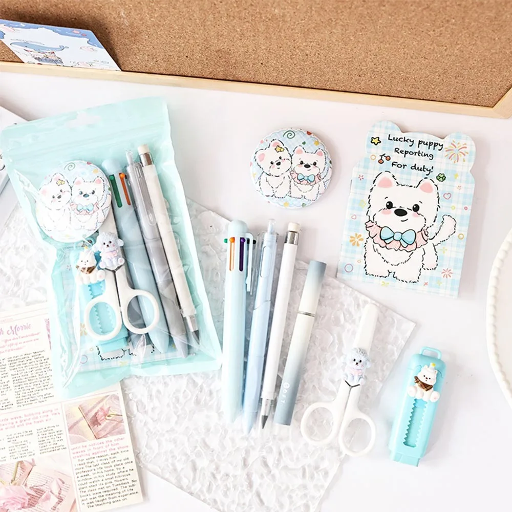 8pcs Multi-functional Blue/Pink Stationery Set Puppy Design Students Gift Highlighter Pencil Eraser School Office