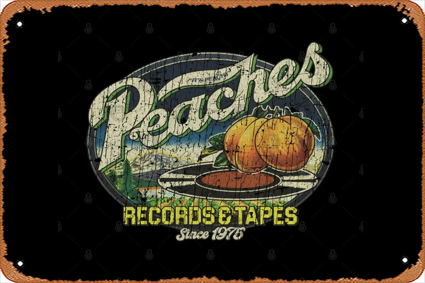 1PCS, Retro Tin Sign Peaches Records  Tapes 1975 Vintage Funny Novelty Metal Signs Man Cave Humorous Signs Movies Music B