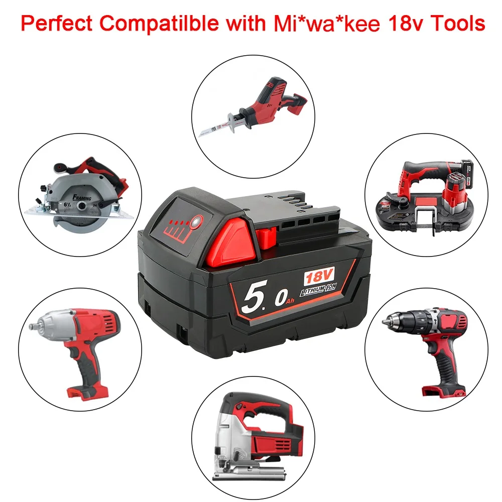Náhradní lithium-iontová baterie M18 18V 5,0Ah červená pro Milwaukee M18B6 18V nářadí Lithium-iontová baterie 48-11-1860 48-11-1850 48-11-1820 - náhled 3