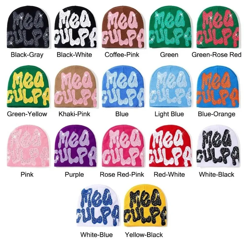 2023 NEW Y2K MEA Culpa Beanies Hat with Rhinestone for Women Men Beanies Hats Hip-hop Soft Stretch Warm Knitted Slouchy Cap