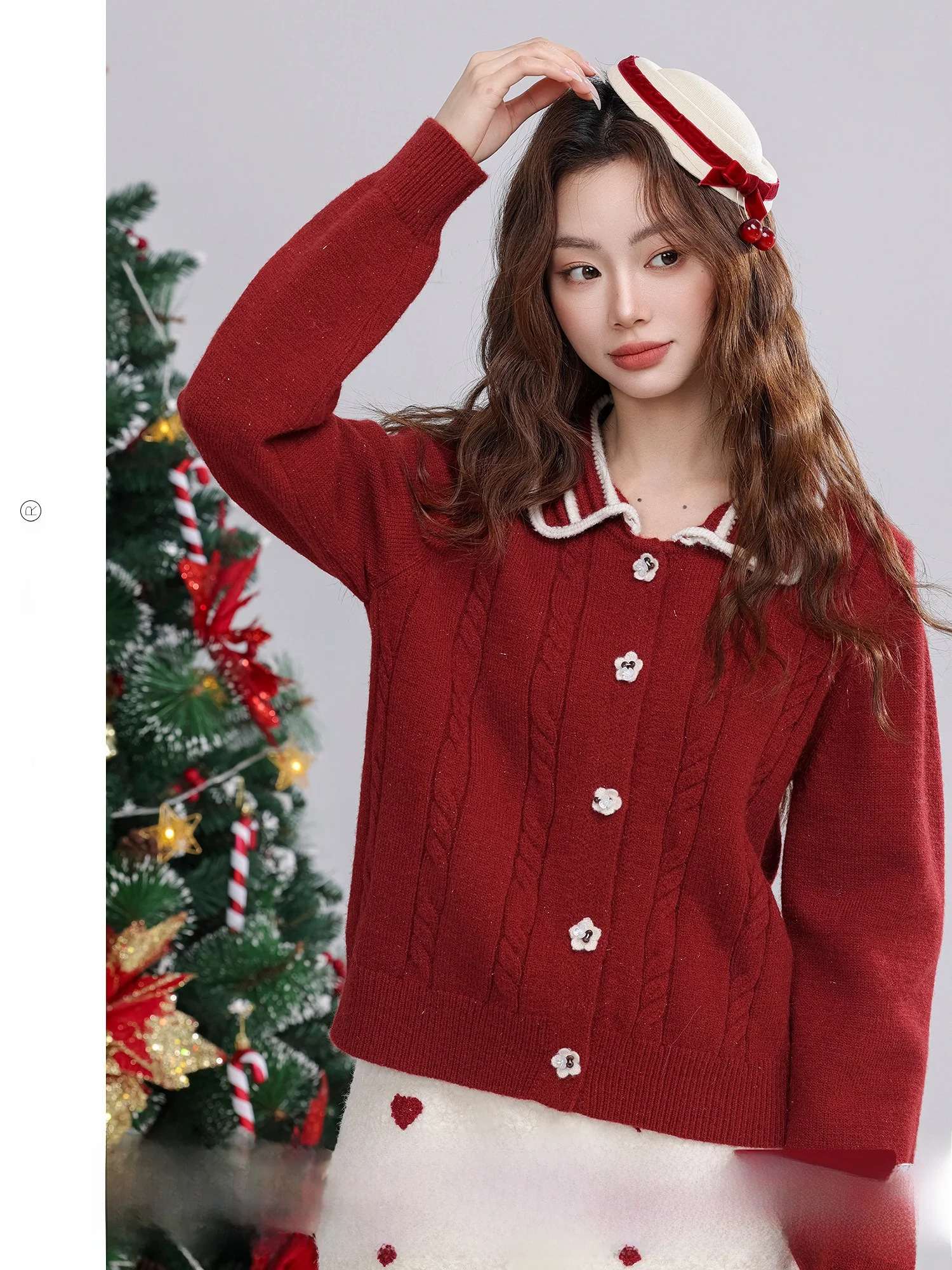 

Red Sweet Doll Collar Christmas Atmosphere Sweater Women's Winter New Style Loose Fit Long Sleeve Button up Cardigan