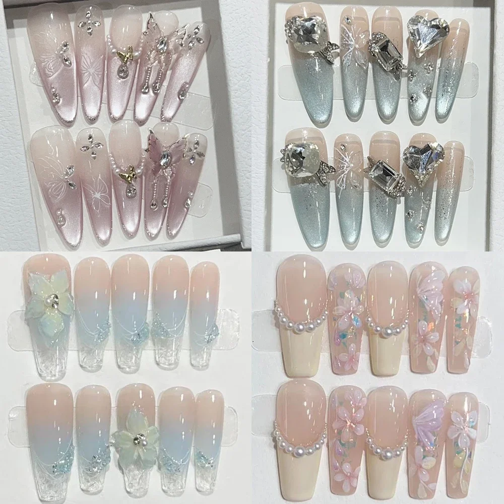 

10Pcs Sweet Long Coffin Stiletto Handmade Press On Nail Cat Eyes Gradients Diamond Butterfly Bowknot Design Full Cover Fake Nail