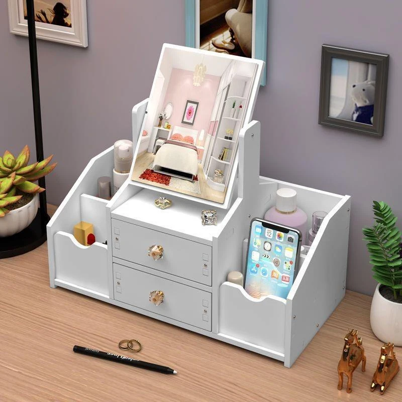 New Contains Mirror Drawer Makeup Storage Box Dormitory Finishing Plastic Shelf Cosmetics Skin Care Dressing Table Desktop