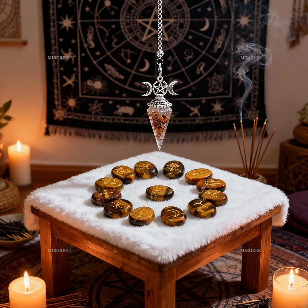 1/13/14pcs Purple Crystal Spirit Pendant+Rune Stone for Witchcraft Divination/Blessing Ceremony,Spiritual Gift for Practitioners