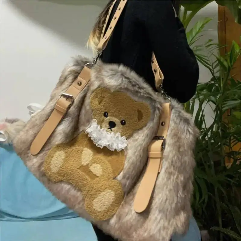 Bloom Vintage Bear Plush Y2k Handbag Women Hot Girl Sweet Casual Brown Shoulder Crossbody Bag Female Large Capacity Cute Purse