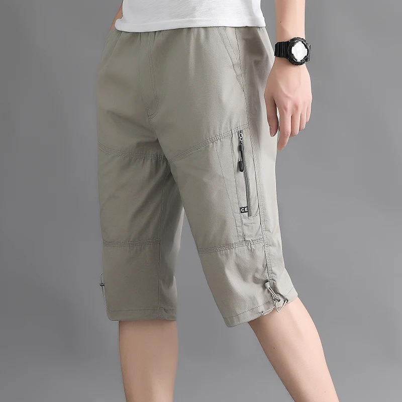 Men\'s Clothing High Waisted Solid Color Pockets Zipper Elastic Casual Summer Capri Pants Straight Cargo England Style Shorts