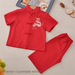 Kinderen Chinese Tang Pak Traditionele Borduren Draak Hanfu Kleding Nieuwjaarskostuum Katoen Linnen Korte Mouw Shorts Set