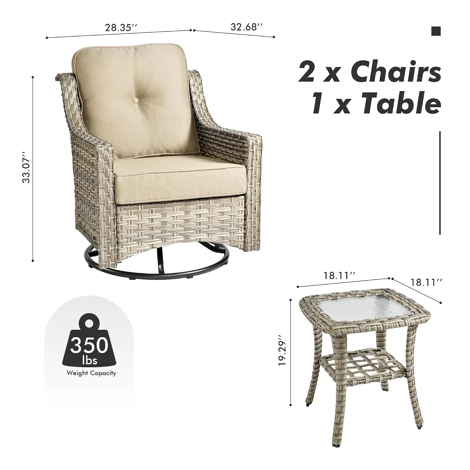 Outdoor Rocking Chair 2 Rainbow Rattan Wicker Swivel Deep Seat Rocker Glider Table Porch Garden Backyard, Customized