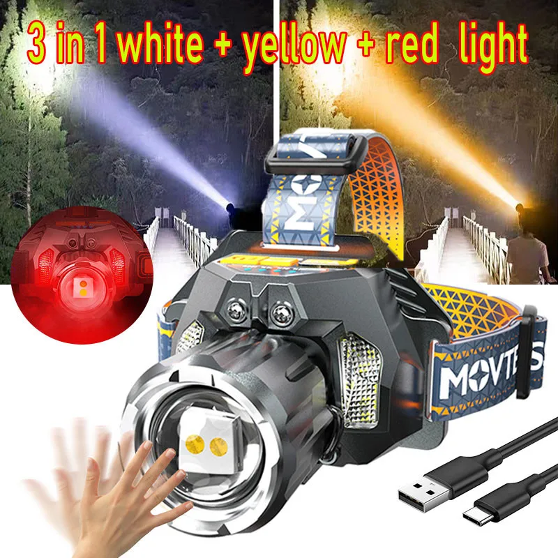 

LED Strong Light Headlight Red Yellow White Three Light Source Outdoor Night Fishing Long-Range Flashlight Super Brigh