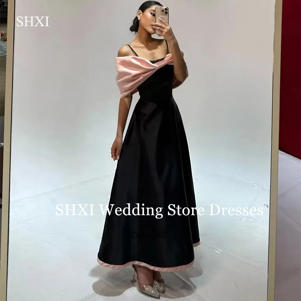 SHXI Semplice Nero Rosa Una Linea Abiti da ballo Personalizzato Senza Spalline Off Spalla Abito da Sera Del Partito Abiti da festa in Raso
