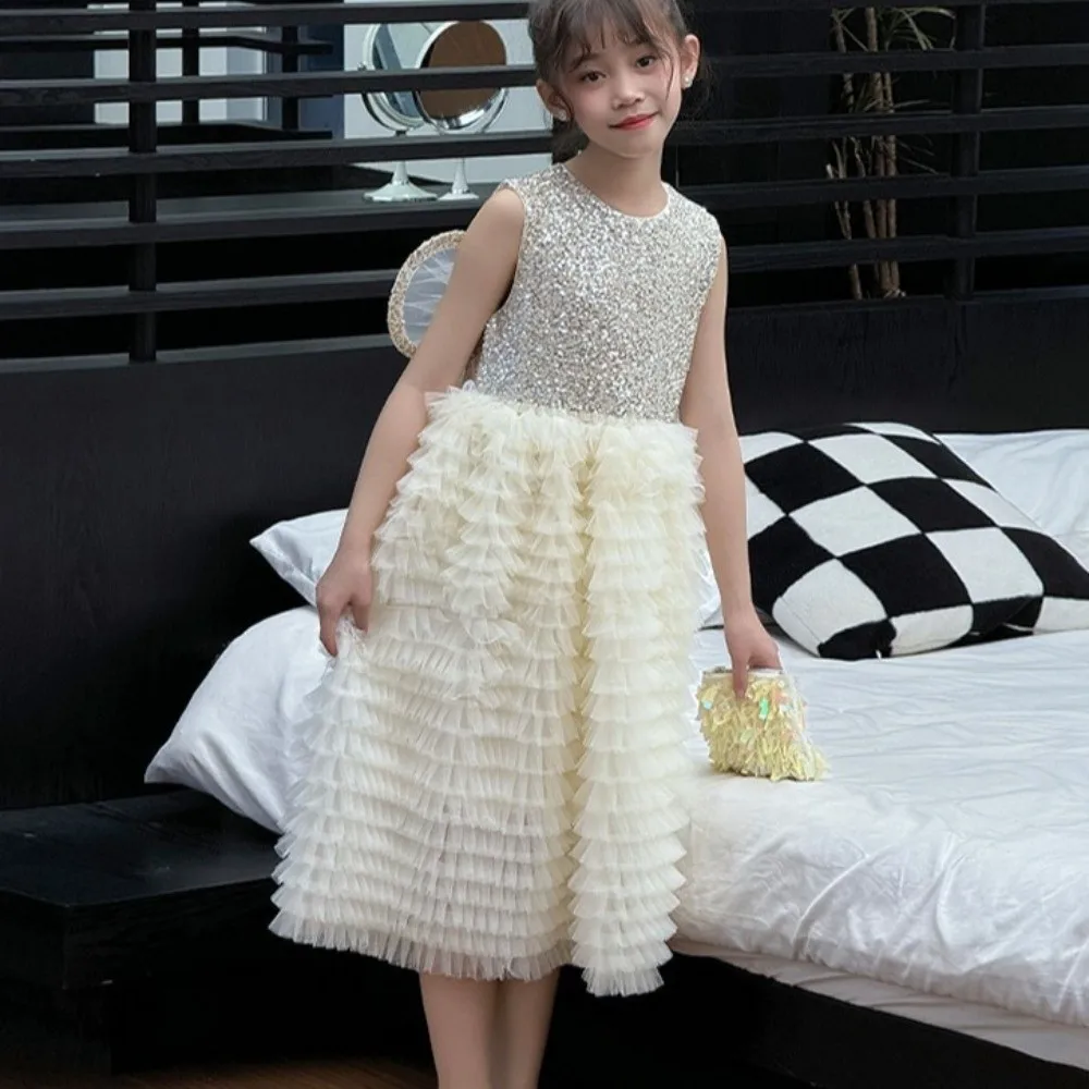 

Butterfly Bow Wings Children Princess Dress Round Neck Sequin Loose Birthday Cake Dress Casual Long Girls Mesh Ruffles Skirt