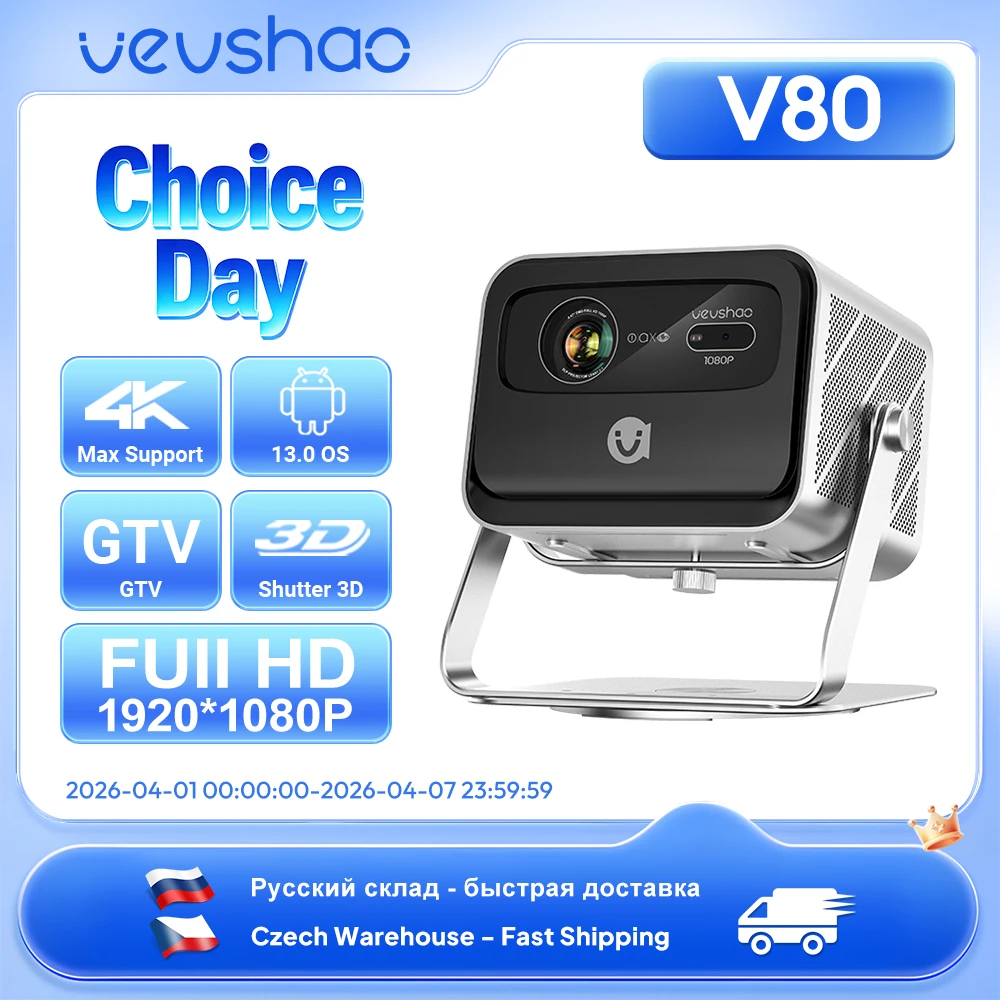 VEVSHAO V80 4K Projector Full HD1080P 2200 Anis Lumens Android 11.0 WiFi 6 Video Home Movie Theater Projectors with Base Stand
