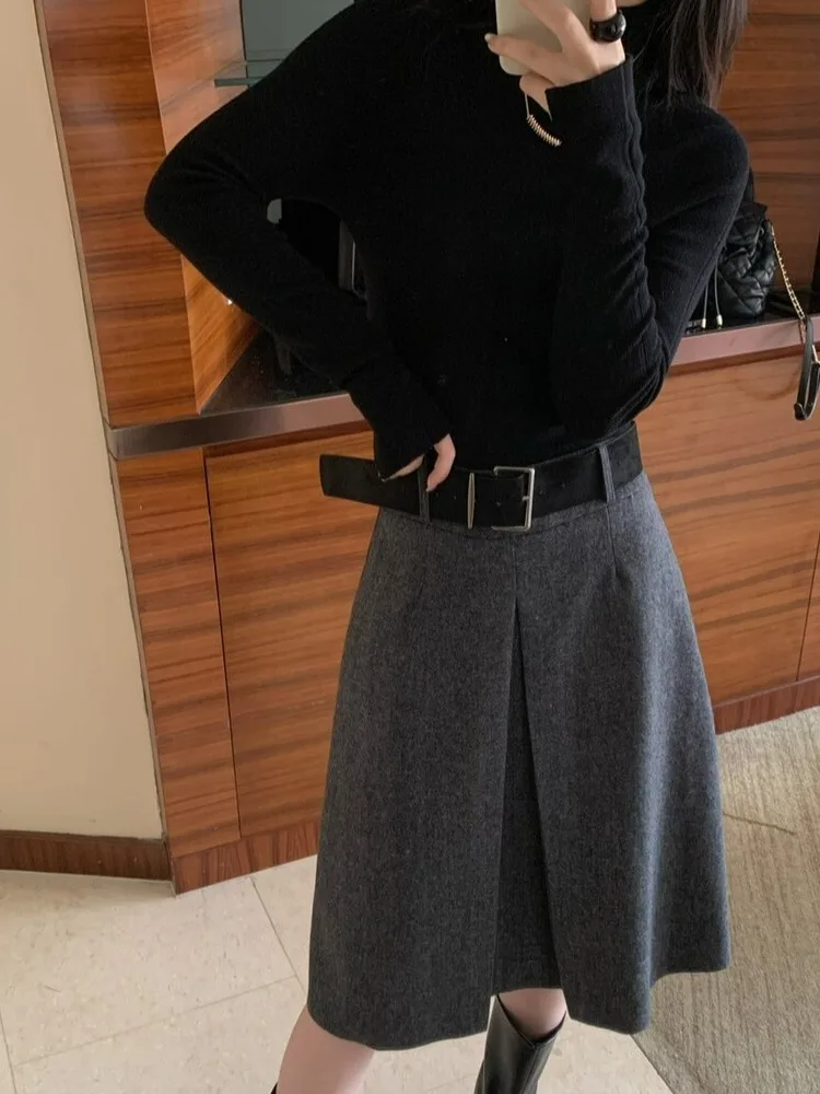 Gonna a trapezio a vita alta Ele Gonna coreana Sle da donna Autunno Inverno Nuova gonna in misto lana Faion con cintura