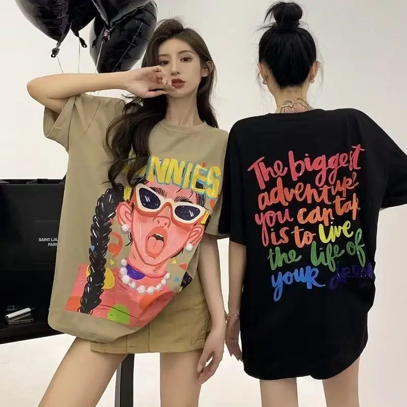 Summer Kawaii Cartoon Girl Letter Print Women Harajuku Fashion T-shirt Oversized Loose Chic Streetwear Y2K Top Tees girl Female