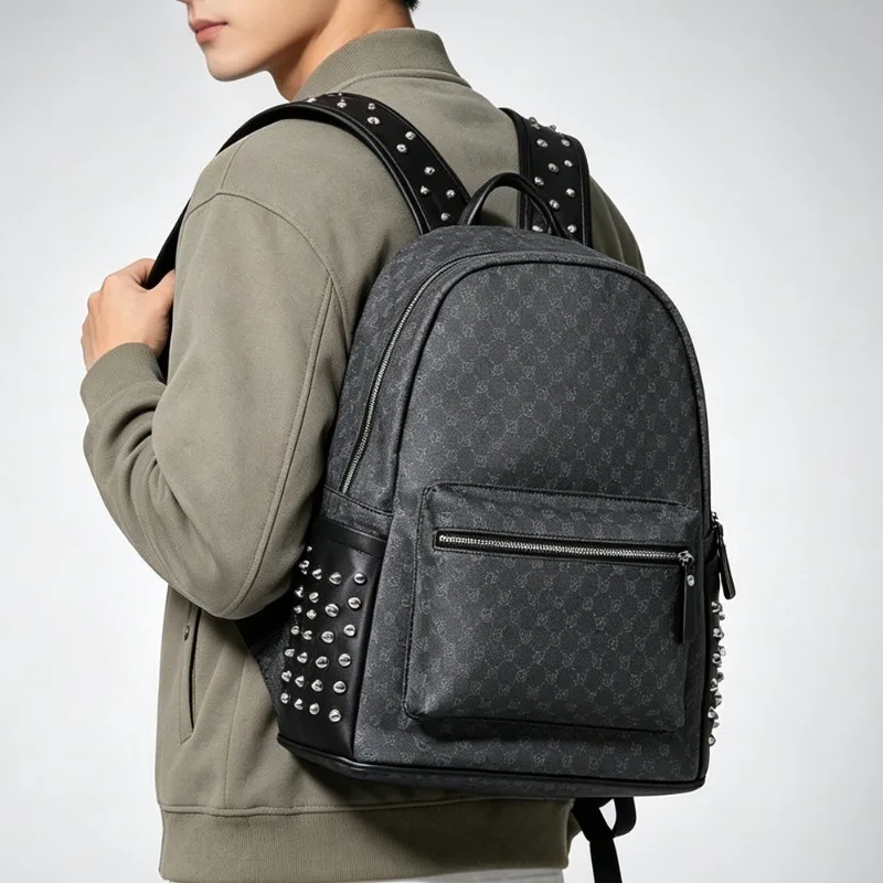Fashion Rivet Backpack Men Luxury Plaid Printed Men's Backpacks Waterproof Travel Bags Large Capacity Laptop Backpack Bookbag
